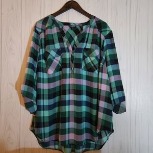 SOLD Torrid Harper 3X Plaid Blk/Teal Sheer Chiffon Blouse V-Neck 3/4 Sleeve Roll